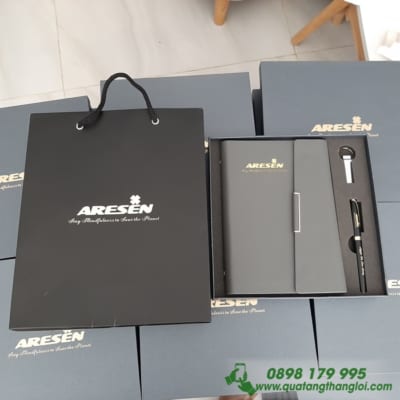 GIFTSET Bo Qua Tang So Tay USB Kim Loai But Kim Loai khac logo ARESEN lam qua tang 