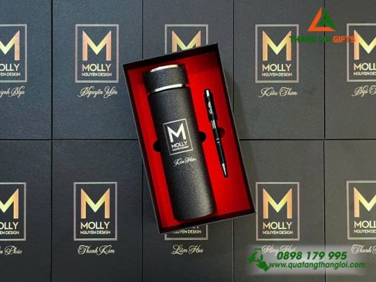 Bộ Giftset (Bình Giữ Nhiệt + Bút Bi Kim Loại) Màu Đen - In khắc logo MOLLY