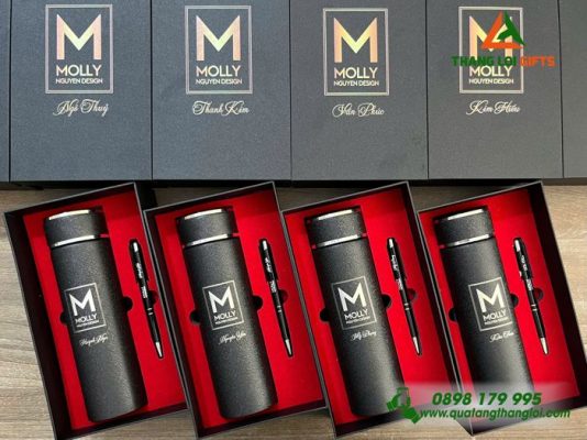 Bộ Giftset (Bình Giữ Nhiệt + Bút Bi Kim Loại) Màu Đen - In khắc logo MOLLY