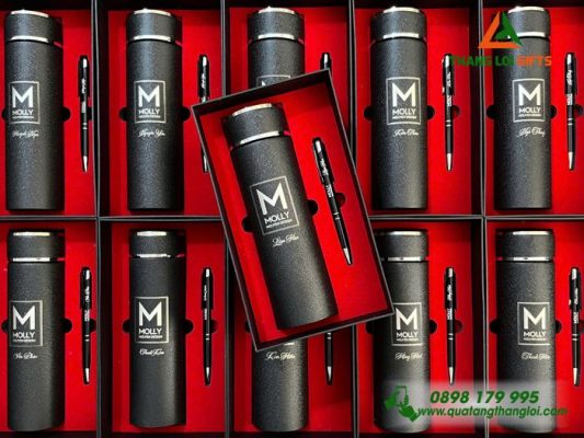 Bộ Giftset (Bình Giữ Nhiệt + Bút Bi Kim Loại) Màu Đen - In khắc logo MOLLY