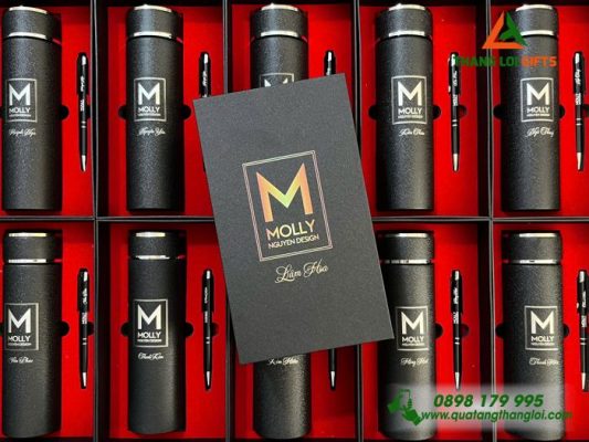 Bộ Giftset (Bình Giữ Nhiệt + Bút Bi Kim Loại) Màu Đen - In khắc logo MOLLY