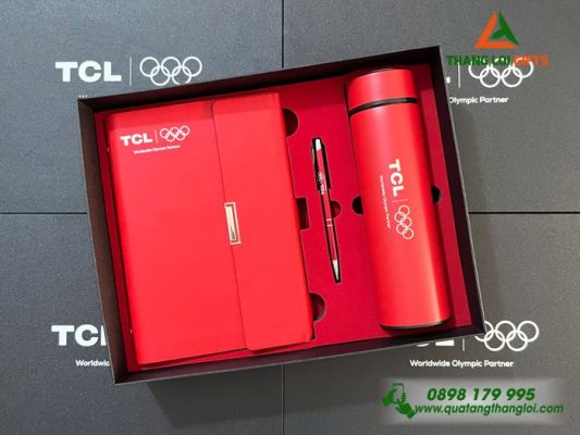 Bộ Quà Tặng (Sổ+ Bình +Bút) Màu Đỏ - In Khắc Logo Doanh Nghiệp TCL