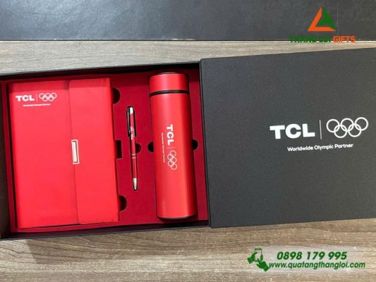 Bộ Quà Tặng (Sổ+ Bình +Bút) Màu Đỏ - In Khắc Logo Doanh Nghiệp TCL
