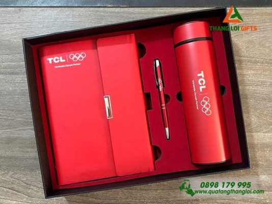 Bộ Quà Tặng (Sổ+ Bình +Bút) Màu Đỏ - In Khắc Logo Doanh Nghiệp TCL
