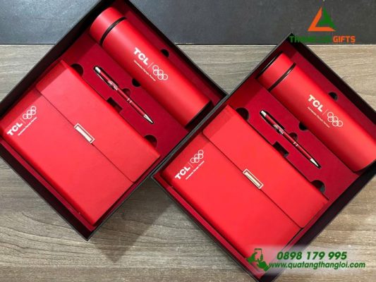 Bộ Quà Tặng (Sổ+ Bình +Bút) Màu Đỏ - In Khắc Logo Doanh Nghiệp TCL
