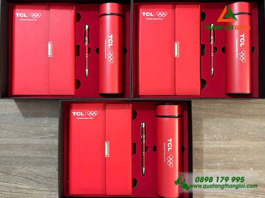 Bộ Quà Tặng (Sổ+ Bình +Bút) Màu Đỏ - In Khắc Logo Doanh Nghiệp TCL