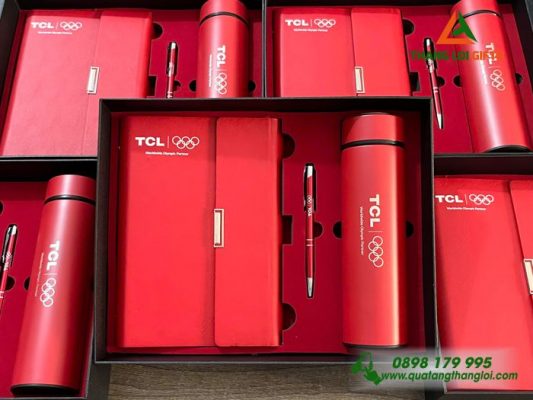 Bộ Quà Tặng (Sổ+ Bình +Bút) Màu Đỏ - In Khắc Logo Doanh Nghiệp TCL