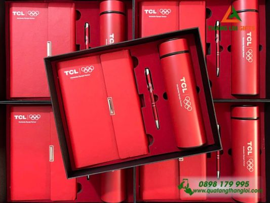 Bộ Quà Tặng (Sổ+ Bình +Bút) Màu Đỏ - In Khắc Logo Doanh Nghiệp TCL