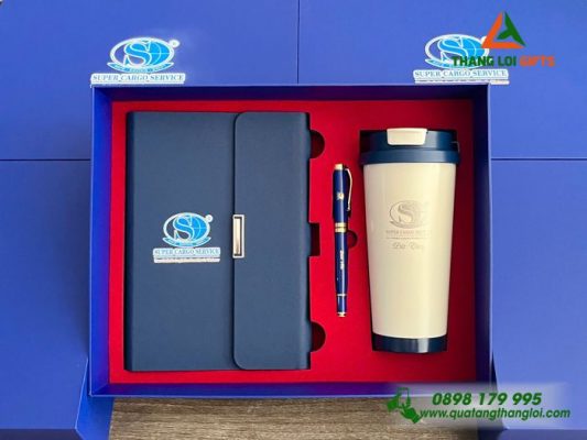 Bo Qua Tang (So+ Ly+ But) Mau Xanh - In Khac Logo Doanh Nghiep Super Cargo Service