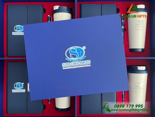 Bo Qua Tang (So+ Ly+ But) Mau Xanh - In Khac Logo Doanh Nghiep Super Cargo Service