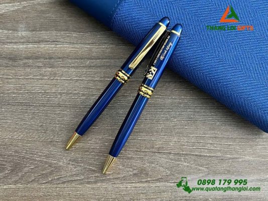Bút Ký Kim Loại Xoay Màu Xanh Khoen vàng - Khắc Logo Doanh Nghiệp S&K