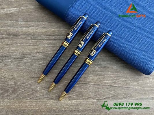 Bút Ký Kim Loại Xoay Màu Xanh Khoen vàng - Khắc Logo Doanh Nghiệp S&K