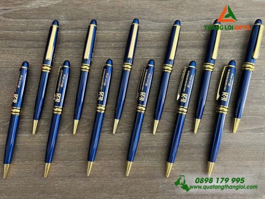 Bút Ký Kim Loại Xoay Màu Xanh Khoen vàng - Khắc Logo Doanh Nghiệp S&K