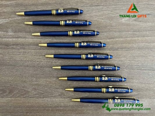 Bút Ký Kim Loại Xoay Màu Xanh Khoen vàng - Khắc Logo Doanh Nghiệp S&K