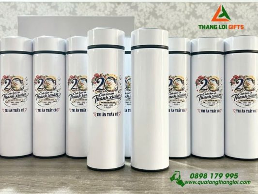 Binh Giu Nhiet Mau Trang 500ml - In Logo Truong THPT Nguyen Huu Huan