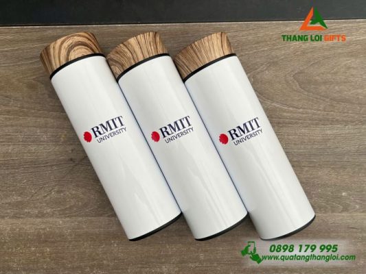 Binh Giu Nhiet Nap Go Mau Trang - In Logo Truong Dai Hoc RMIT