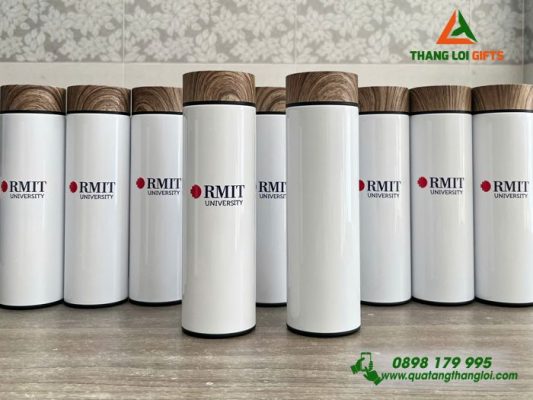 Binh Giu Nhiet Nap Go Mau Trang - In Logo Truong Dai Hoc RMIT