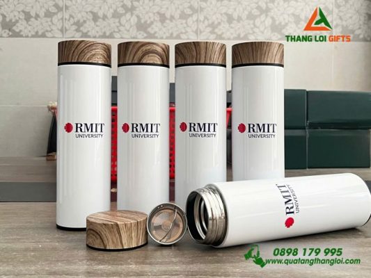Binh Giu Nhiet Nap Go Mau Trang - In Logo Truong Dai Hoc RMIT