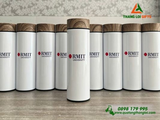 Binh Giu Nhiet Nap Go Mau Trang - In Logo Truong Dai Hoc RMIT