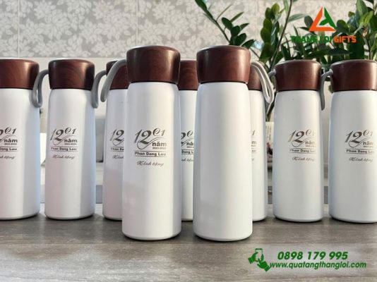 Binh Giu Nhiet Nap Go Mau Trang - Khac Logo Truong THPT Phan Dang Luu