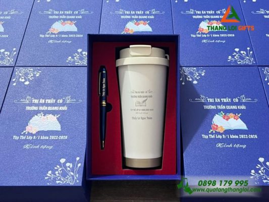 Bo Qua Tang (Ly 530ml & But) Mau Trang Kem - In Khac Noi Dung Tri An Thay Co Truong Tran Quang Khai 