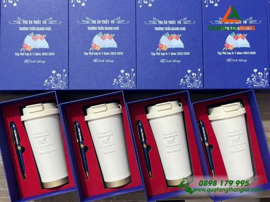 Bo Qua Tang (Ly 530ml & But) Mau Trang Kem - In Khac Noi Dung Tri An Thay Co Truong Tran Quang Khai 
