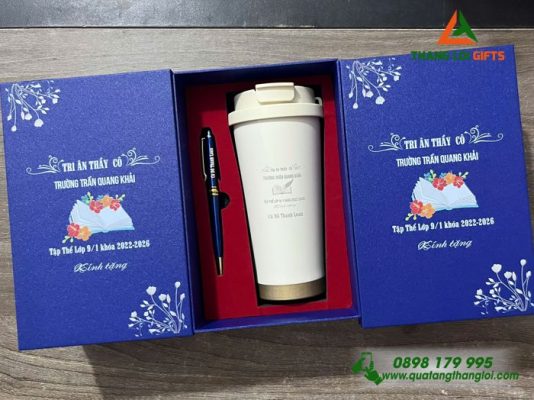 Bo Qua Tang (Ly 530ml & But) Mau Trang Kem - In Khac Noi Dung Tri An Thay Co Truong Tran Quang Khai 