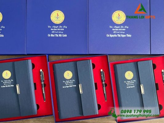Bo Qua Tang (So & But) Mau Xanh - In Khac Logo Truong THPT Vo Thi Sau