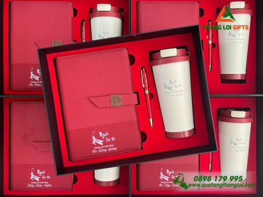 Bo Qua Tang (So+ Ly 530ml+ But) Mau Do - In Khac Noi Dung Tri An Nguoi Lai Do