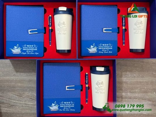 Bo Qua Tang (So+ Ly 530ml+ But) Mau Xanh - In Khac Noi Dung Tri An Thay Co Truong Tieu Hoc Nguyen An Ninh