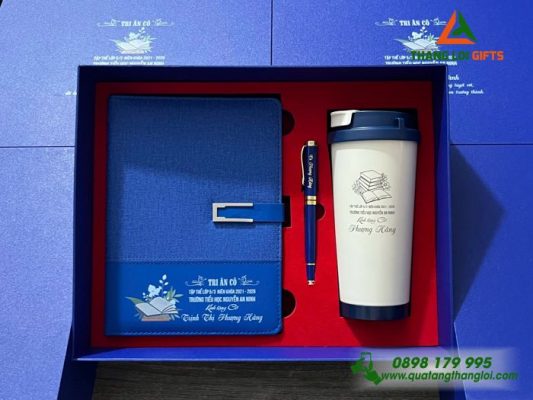 Bo Qua Tang (So+ Ly 530ml+ But) Mau Xanh - In Khac Noi Dung Tri An Thay Co Truong Tieu Hoc Nguyen An Ninh