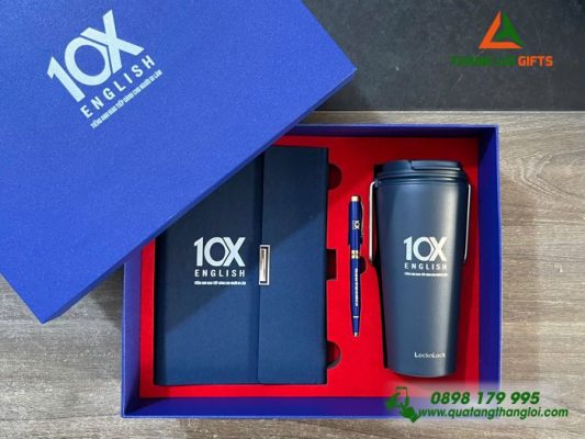 Bo Qua Tang (So+ Ly Lock+ But) Mau Xanh - In Khac Logo Trung Tam Tieng Anh 10X