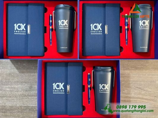 Bo Qua Tang (So+ Ly Lock+ But) Mau Xanh - In Khac Logo Trung Tam Tieng Anh 10X