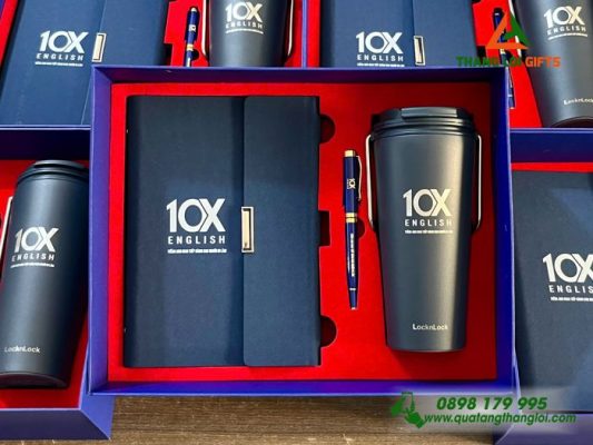 Bo Qua Tang (So+ Ly Lock+ But) Mau Xanh - In Khac Logo Trung Tam Tieng Anh 10X