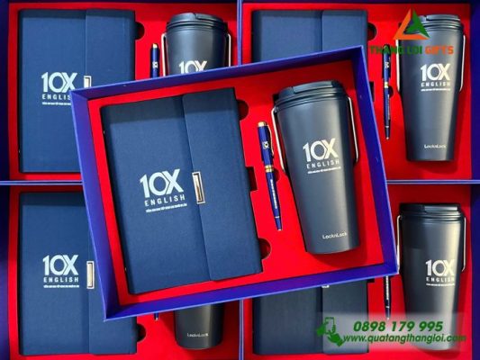 Bo Qua Tang (So+ Ly Lock+ But) Mau Xanh - In Khac Logo Trung Tam Tieng Anh 10X