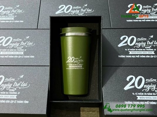 Ly Giu Nhiet 510ml Mau Xanh Reu - Khac Logo Ky Niem 20 Nam Truong THPT Dan Lap Le Thanh Tong 