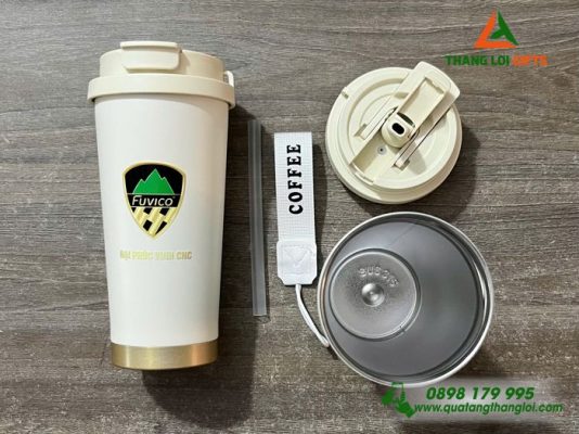 Ly Giu Nhiet 530ml Mau Trang Kem - In Logo Doanh Nghiep Dai Phuc Vinh CNC 
