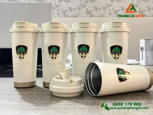 Ly Giu Nhiet 530ml Mau Trang Kem - In Logo Doanh Nghiep Dai Phuc Vinh CNC 