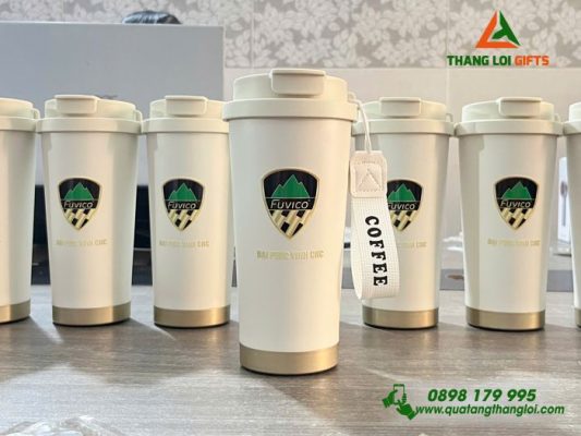 Ly Giu Nhiet 530ml Mau Trang Kem - In Logo Doanh Nghiep Dai Phuc Vinh CNC