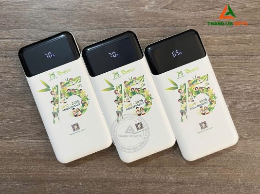 Pin Sac Du Phong Hoco 10.000mAh Mau Trang - In Logo 15 Nam Doanh Nghiep BAMBOO