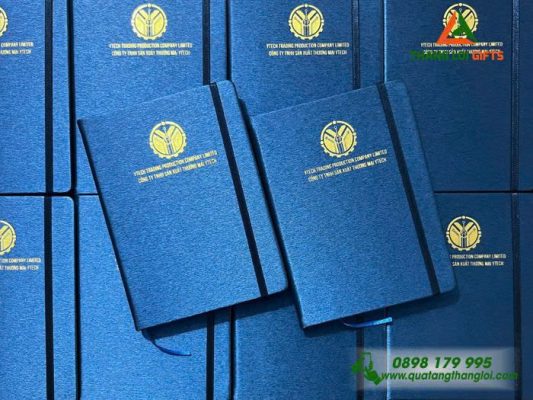 Sổ Dán Gáy A5 Màu Xanh Ép Kim Vàng Logo Doanh Nghiệp Y TECH Làm Quà Tặng Khách Hàng VIP