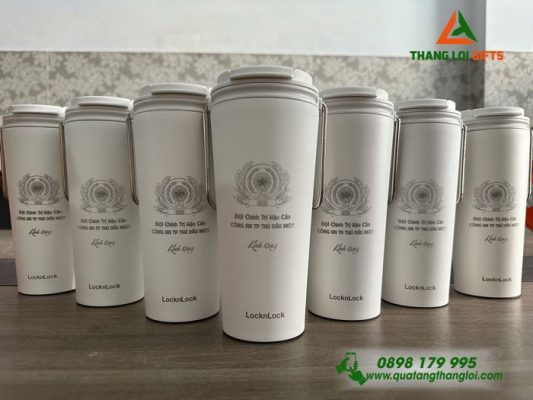 Ly giu nhiet LocknLock mau trang in logo Doi Chinh Tri Hau Can
