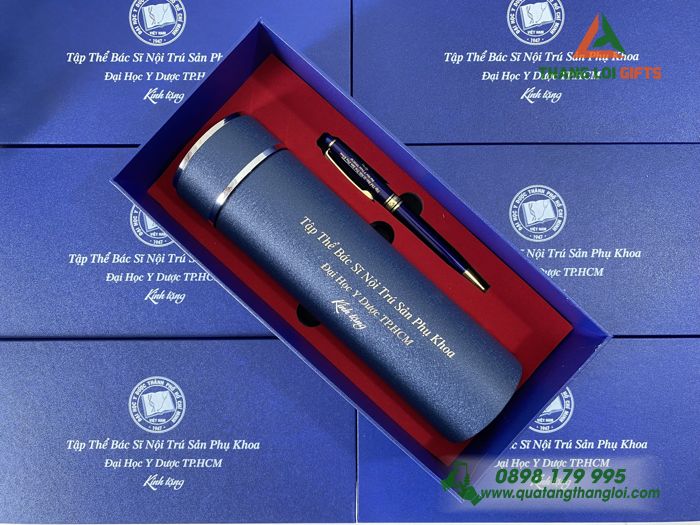 Bộ Giftset Bình giữ nhiệt và Bút ký- In khắc logo Trường Đại học Y Dược