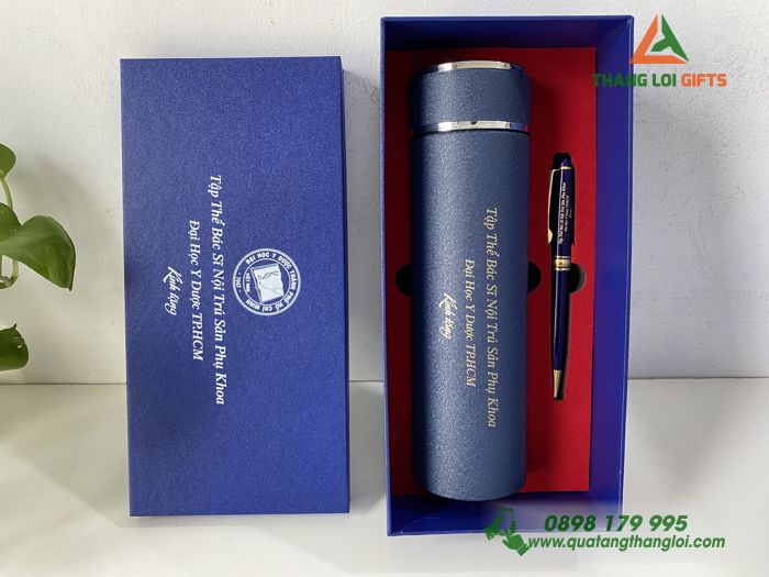 Bộ Giftset Bình giữ nhiệt và Bút ký- In khắc logo Trường Đại học Y Dược