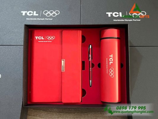 Bộ Quà Tặng (Sổ+ Bình +Bút) Màu Đỏ - In Khắc Logo Doanh Nghiệp TCL