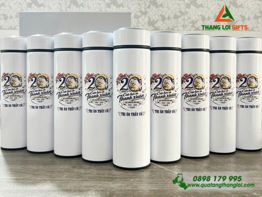 Binh Giu Nhiet Mau Trang 500ml - In Logo Truong THPT Nguyen Huu Huan