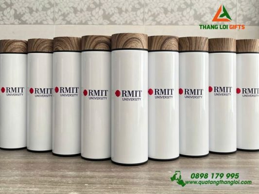 Binh Giu Nhiet Nap Go Mau Trang - In Logo Truong Dai Hoc RMIT