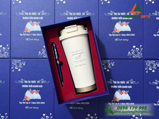 Bo Qua Tang (Ly 530ml & But) Mau Trang Kem - In Khac Noi Dung Tri An Thay Co Truong Tran Quang Khai