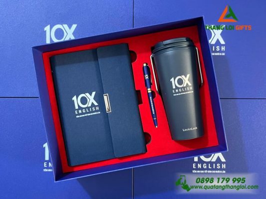 Bo Qua Tang (So+ Ly Lock+ But) Mau Xanh - In Khac Logo Trung Tam Tieng Anh 10X